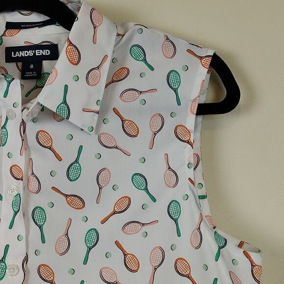 Lands' End Sleeveless No Iron Supima Cotton Tennis Print Button Front Top - Picture 3 of 10